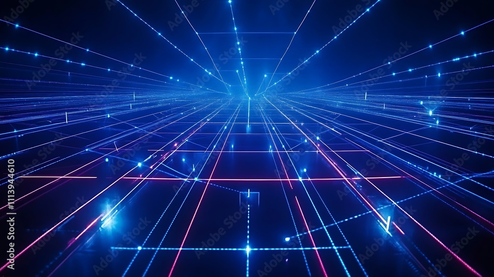 Poster futuristic neon light grid with dynamic lines and points in a dark space environment for abstract ba