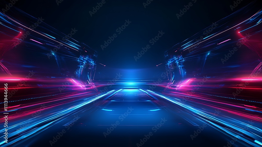 Poster futuristic neon light trails with vibrant blue and red colors creating a dynamic motion effect in a 