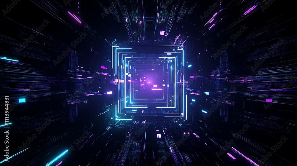 Poster futuristic neon lights creating dynamic motion in abstract digital space with depth and vibrant colo