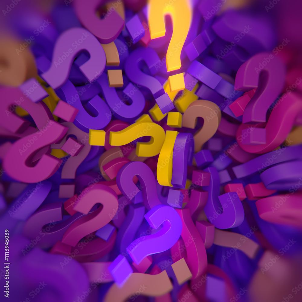Poster digital illustration with multicolored three-dimensional question marks - pink, purple and yellow. 3