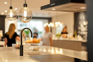 Modern kitchen interior with people, clear lights, and tap