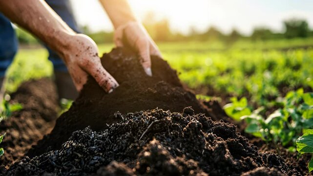 Farmer spreading organic compost over a field, with the compost visibly enriching the soil, set against a backdrop of clear skies and green fields	
