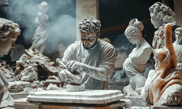 A sculptor chisels marble in a workshop surrounded by unfinished statues.