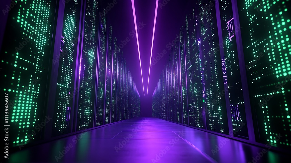 Poster futuristic server room with neon lights and digital data representation in high-tech environment