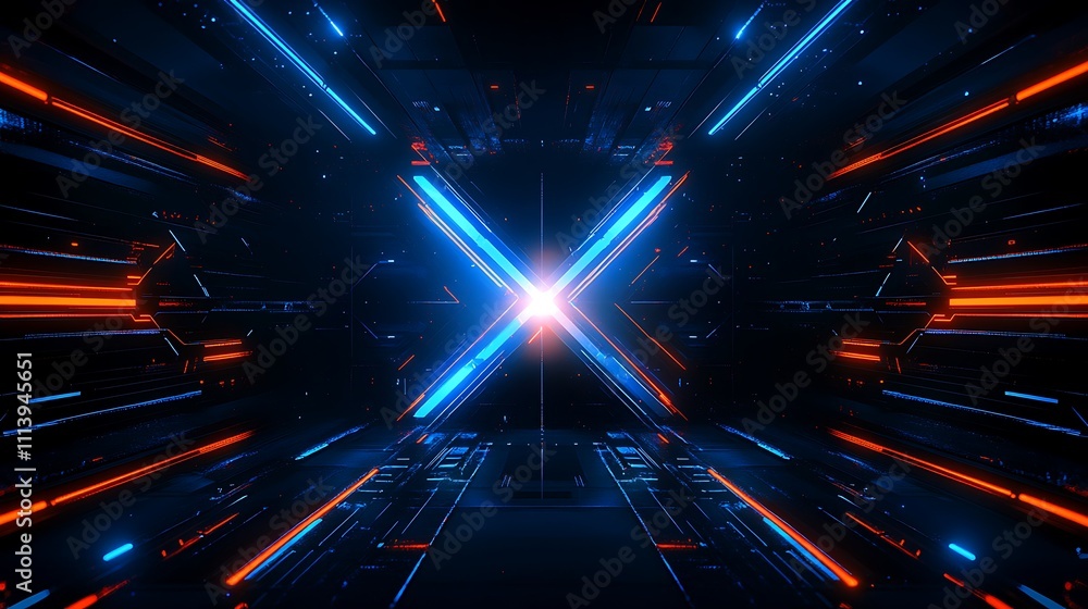 Aufkleber Futuristic Technology Background with Neon Lines and Light Rays in a Digital Tunnel Scene