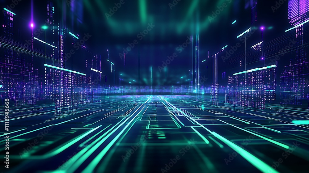 Poster futuristic technology background with neon lights and digital circuit patterns in a cyber environmen