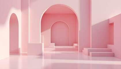 Minimalist abstract background, primitive geometrical figures, trend poster, 3D render, for the advertised. An abstract minimal scene with geometrical forms. Pink background.