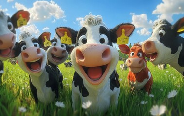 Fototapeta premium A group of cows taking selfies in the green pasture