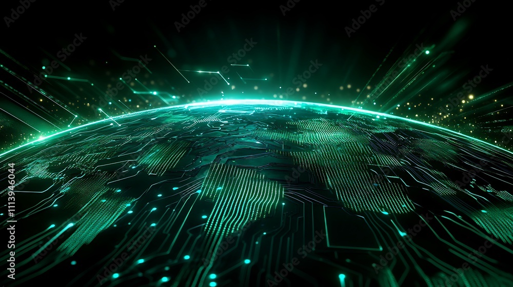 Poster futuristic view of earth surrounded by digital connections and data streams in green light and techn