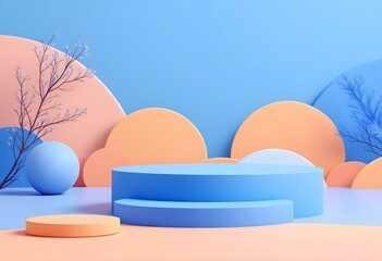 Fototapeta premium Minimal scene with hexagonal podium and abstract background. Geometric shape. Blue pastel colors scene. Minimal 3d rendering. geometrical forms and blue background. 