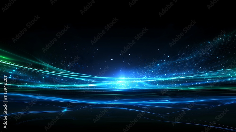 Aufkleber glowing waves of light in a dark background with starry sky and abstract digital effect