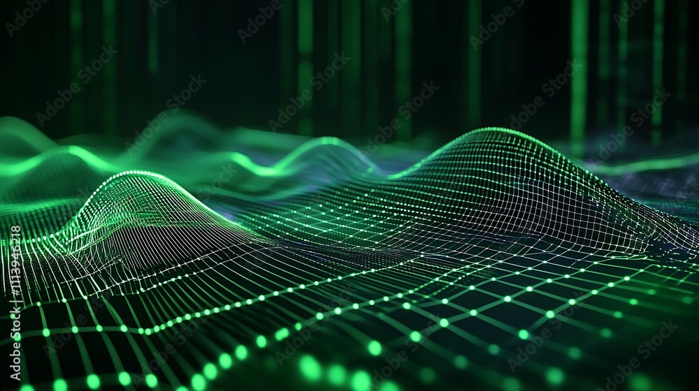 Aufkleber green abstract digital landscape with wavy patterns and glowing nodes for technology and innovation 