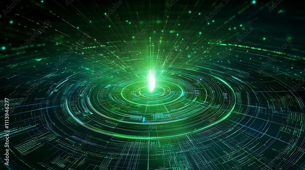 Poster Green Light Burst Over Abstract Data Circles in Futuristic Digital Background with Glowing Lines and Particles