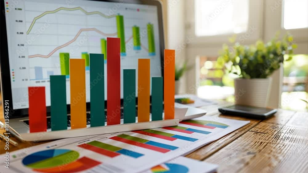 Poster colorful data analysis engaging bar graphs and charts on laptop in bright workspace for enhanced pro