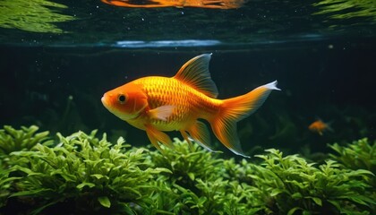 A goldfish glides through clear water with lush green plants, creating a peaceful water environment