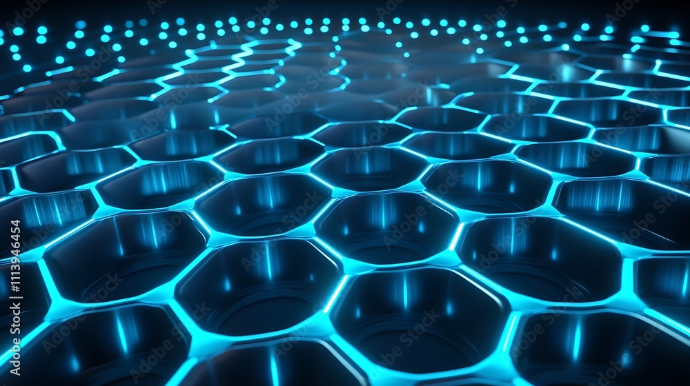 Poster illuminated hexagonal pattern with luminous blue accents on a dark background for futuristic concept