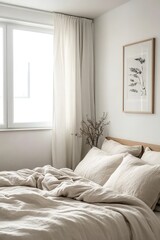 Minimalist bedroom with neutral tones, natural light