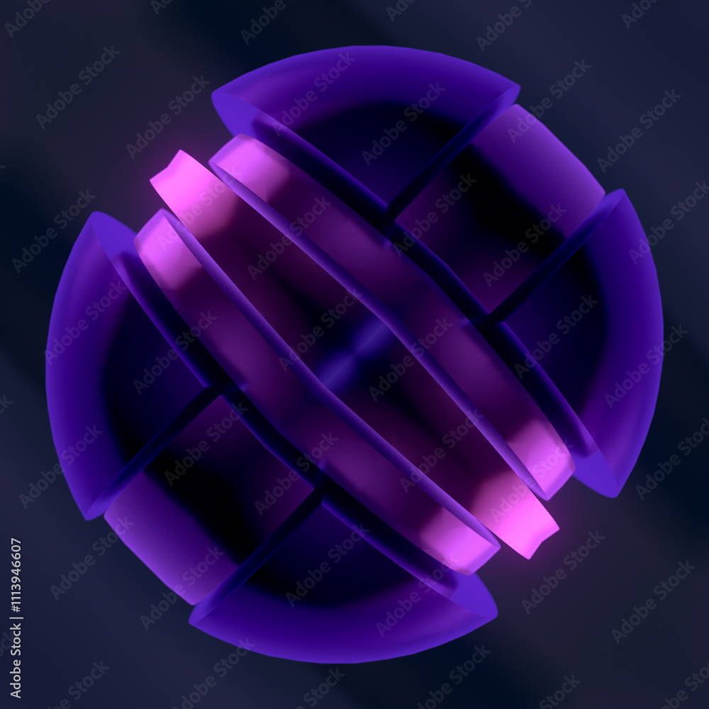 Poster Three-dimensional digital illustration of a glossy dark sphere composed of carefully drawn segments that emphasize its complexity and volume. 3d rendering