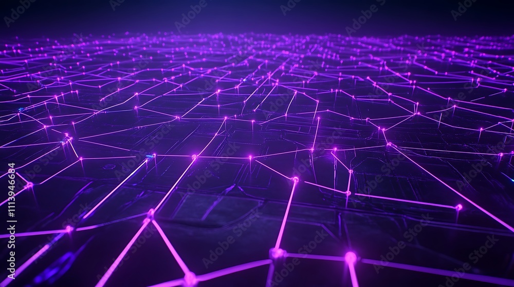 Poster intricate purple network of connected nodes representing digital data transmission across a vast lan