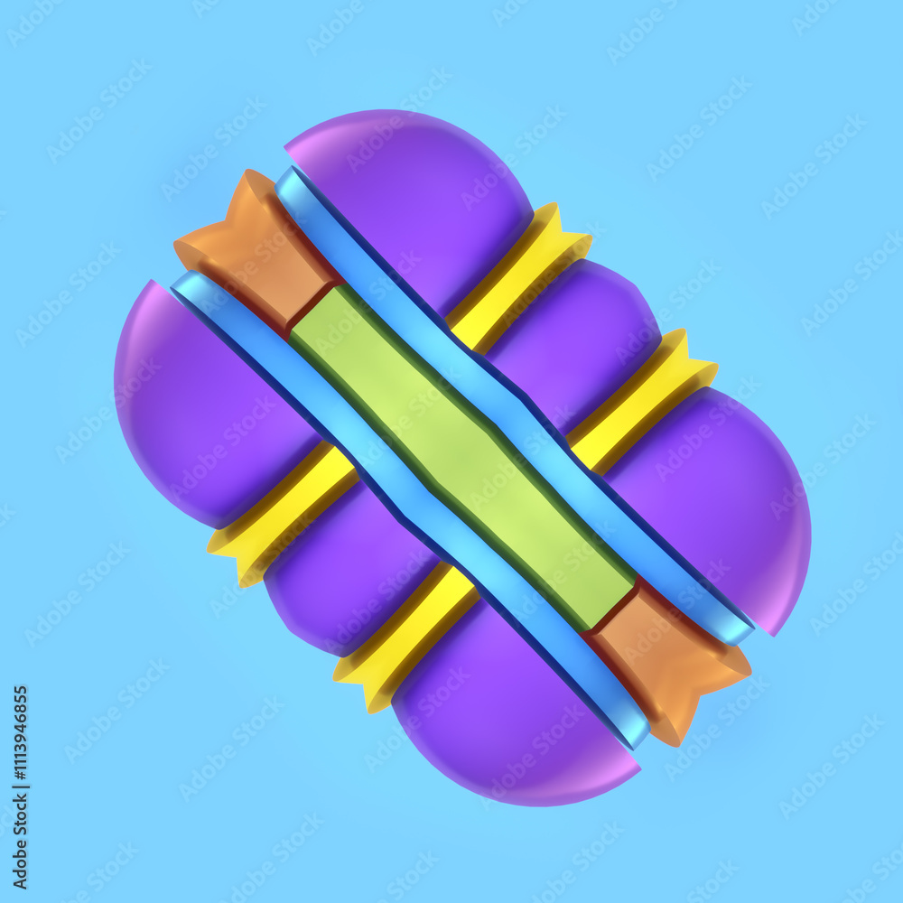 Poster Color digital illustration of a voluminous geometric shape composed of multicolored segments. The light blue background emphasizes the purity and minimalism of the composition. 3d rendering