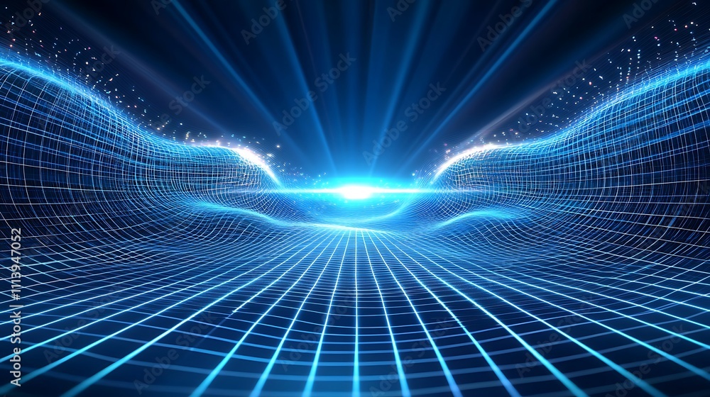Poster stunning blue futuristic abstract background with light rays and wavy grid pattern for technology de