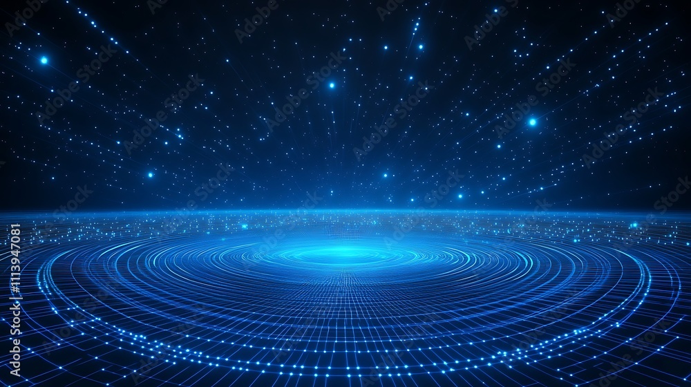 Poster stunning digital landscape with glowing particles and circular patterns in deep space at nighttime