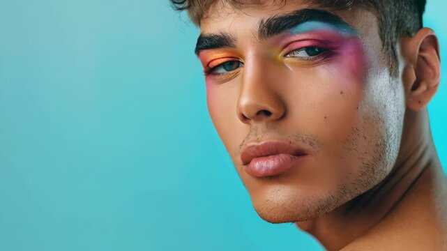 Portrait of gay man with make up on the blue background