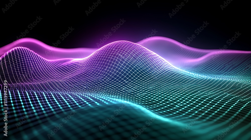 Poster vibrant abstract 3d surface with colorful waves and mesh grid in dark background for creative projec