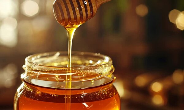 A jar of honey with a wooden dipper dripping honey, highlighting its golden texture.