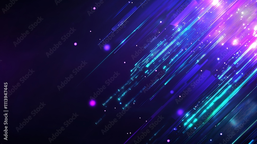 Poster vibrant abstract background with dynamic light trails and colorful glowing particles in purple and b