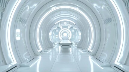 Obraz premium A futuristic corridor with bright lighting and a central examination table.