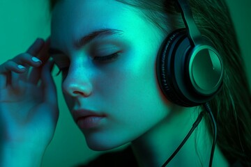 A profile photograph of a white female listening music green background