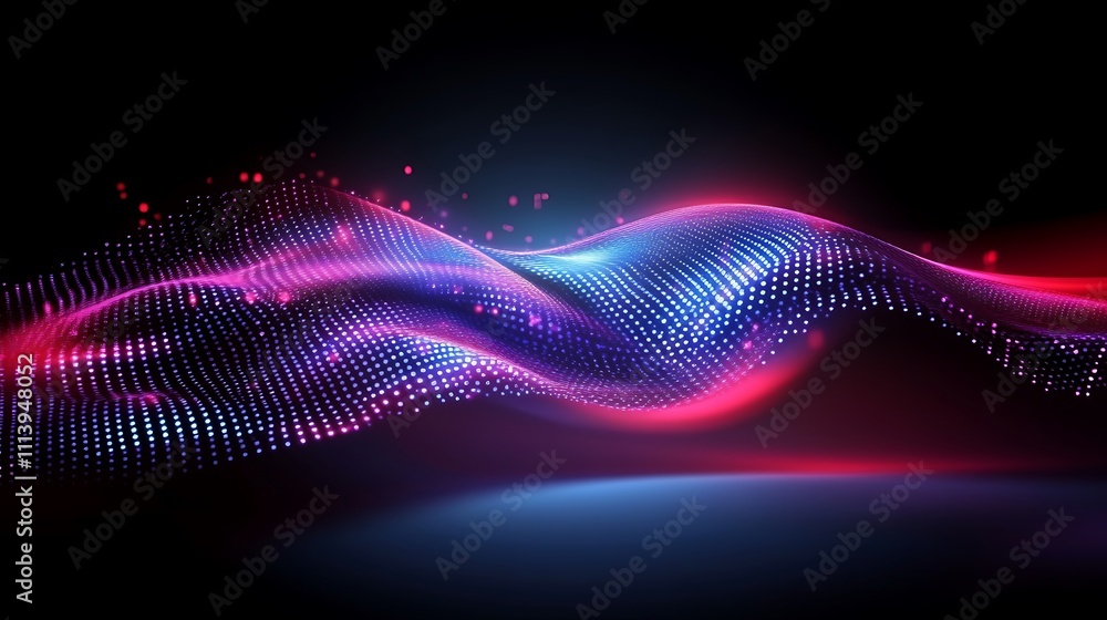 Poster vibrant abstract digital waves with colorful lights and particles on dark background