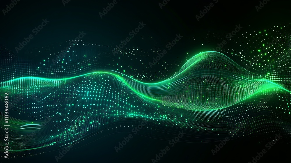 Poster vibrant abstract green wave pattern with glowing dots and lines on a dark background
