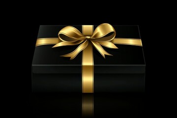 Black gift box with a gold ribbon, minimalist style on black background