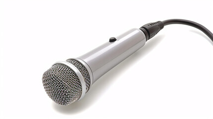 Silver Microphone: A silver microphone with a black wire, isolated on a white background.