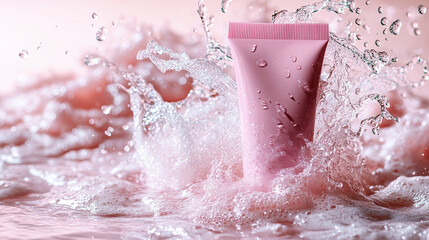 Fototapeta premium Clean cream tube with light pink dynamic background, water splashes with foam, copy space.