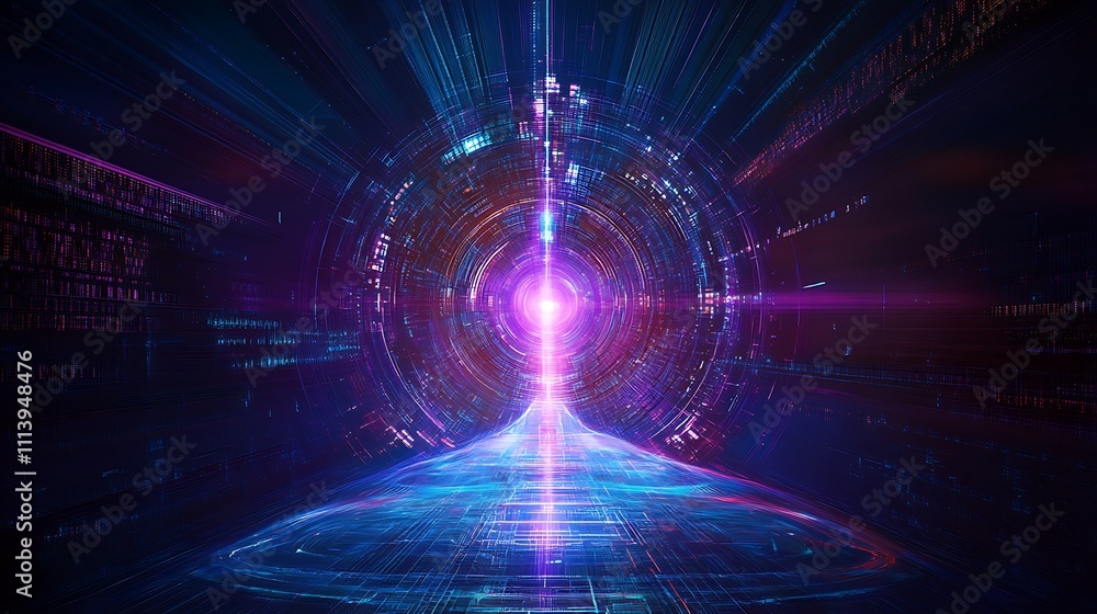 Poster vibrant abstract light tunnel with rays emitting from central point in futuristic digital space