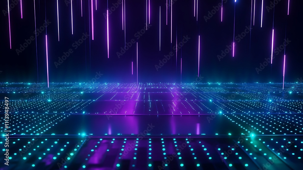 Poster vibrant abstract scene with neon lights and digital matrix effect in futuristic 3d design