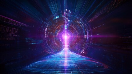 Fototapeta premium Vibrant Abstract Light Tunnel with Rays Emitting from Central Point in Futuristic Digital Space
