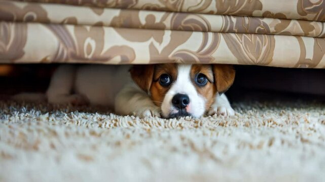 close up of scared puppy of jack russell terrier sitting under coach