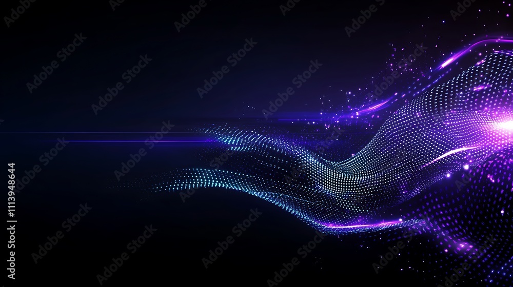 Poster vibrant abstract wave motion with dots and light effects in depth on dark background