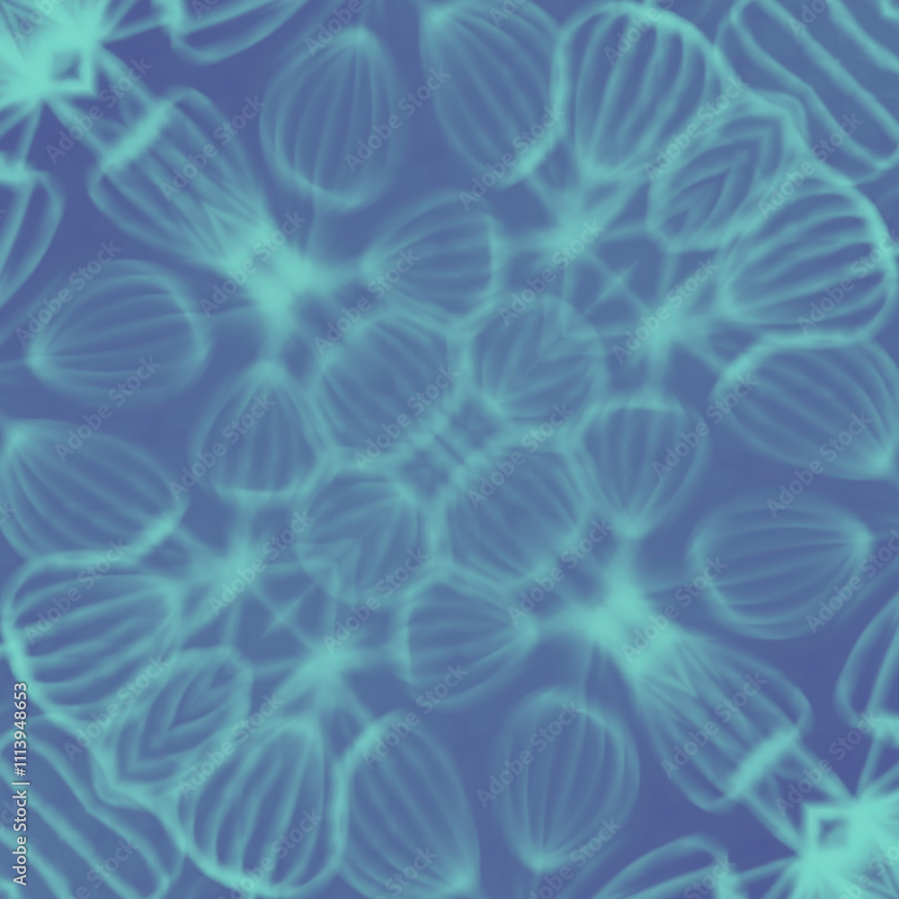 Poster Symmetrical star-shaped figure in delicate blue-blue tones. Many fine lines form a refined and balanced pattern in the center, creating a sense of harmony and order. 3d rendering digital illustration