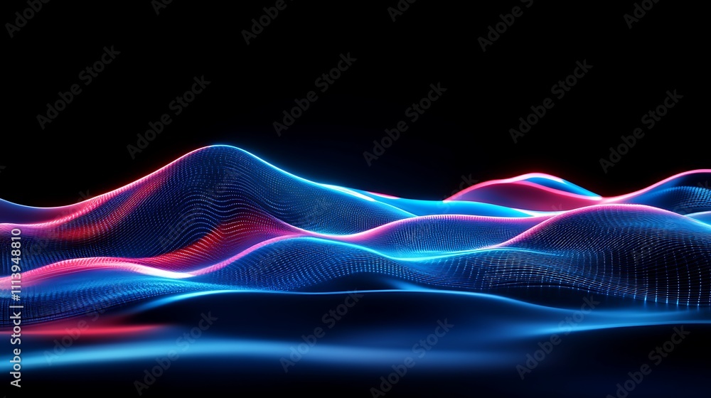 Poster vibrant abstract waves in blue and red light with smooth flowing patterns against a dark background