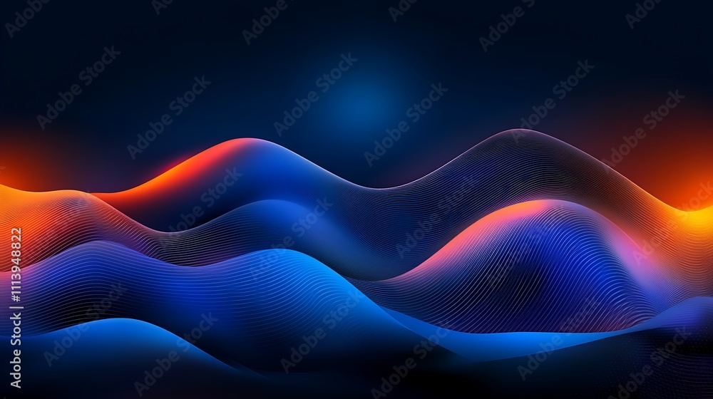 Poster vibrant abstract waves in blue and orange gradients with dynamic flowing lines and light effects