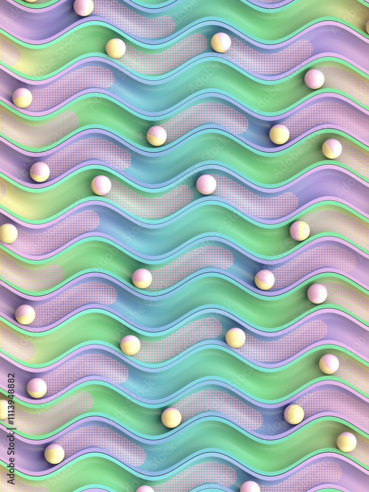 Poster bright small striped balls rolling in sinuous grooves with bright multicolor gradient. 3d rendering 