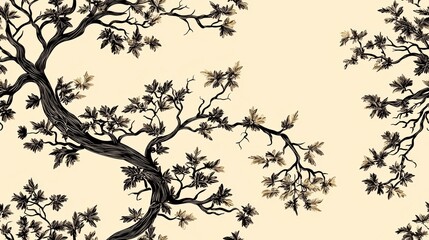 Fototapeta premium Elegant Toile Pattern with Black Branches and Leaves