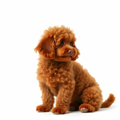 Brown miniature poodle dog sitting and looking right on white background