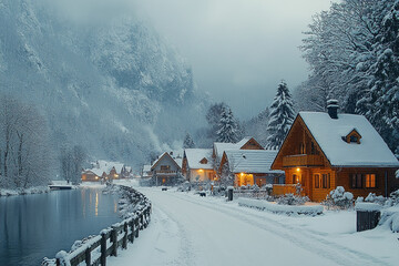 Snowy Mountain Village Houses Winter Scene