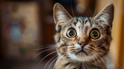 Skeptic Cat with Big Eyes: A tabby cat with wide eyes and a skeptical expression, looking side to side.